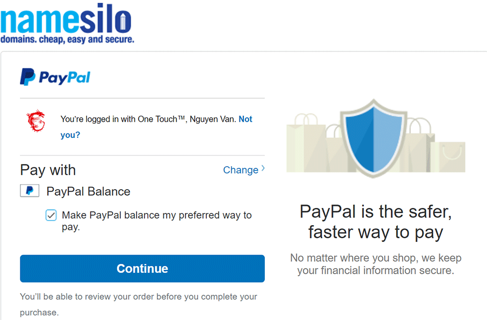 Xác nhận thanh toán bằng Paypal NameSilo